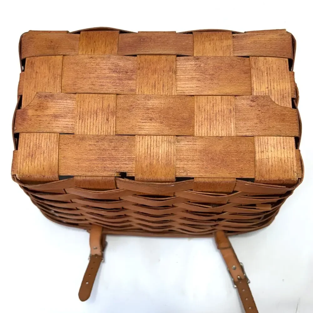 Peterboro Basket Co Bicycle Basket Leather Straps Woven Ash Wood Made USA